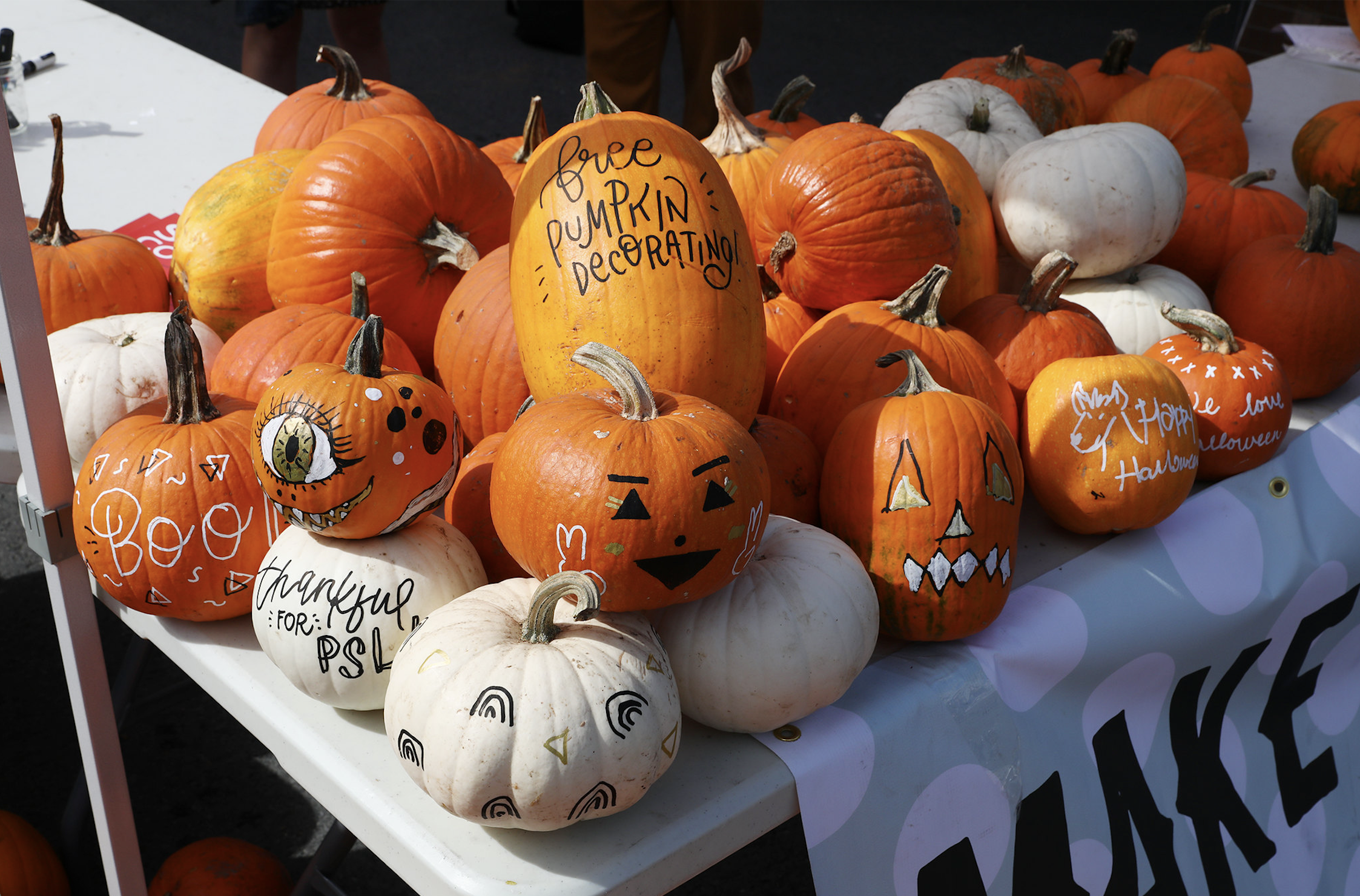 pile of decorated pumpkins